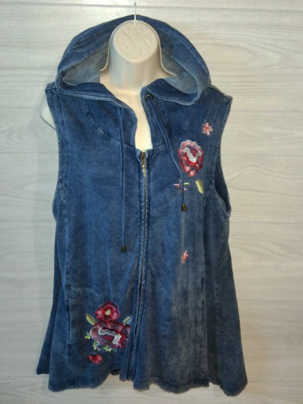 For Cynthia Denim Hoodie Vest Women's Size Large Embroidered Full Zip Sleeveless